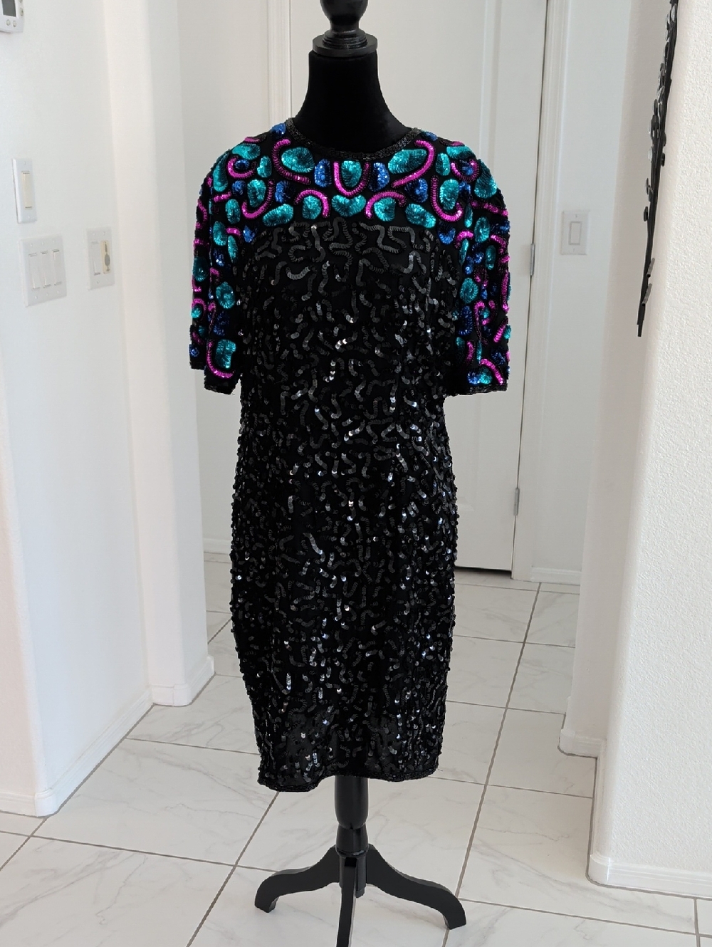 Vintage 80s Silk Sequin Beaded Dress Kazar or Stenay M L 8 10 Turquoise Black